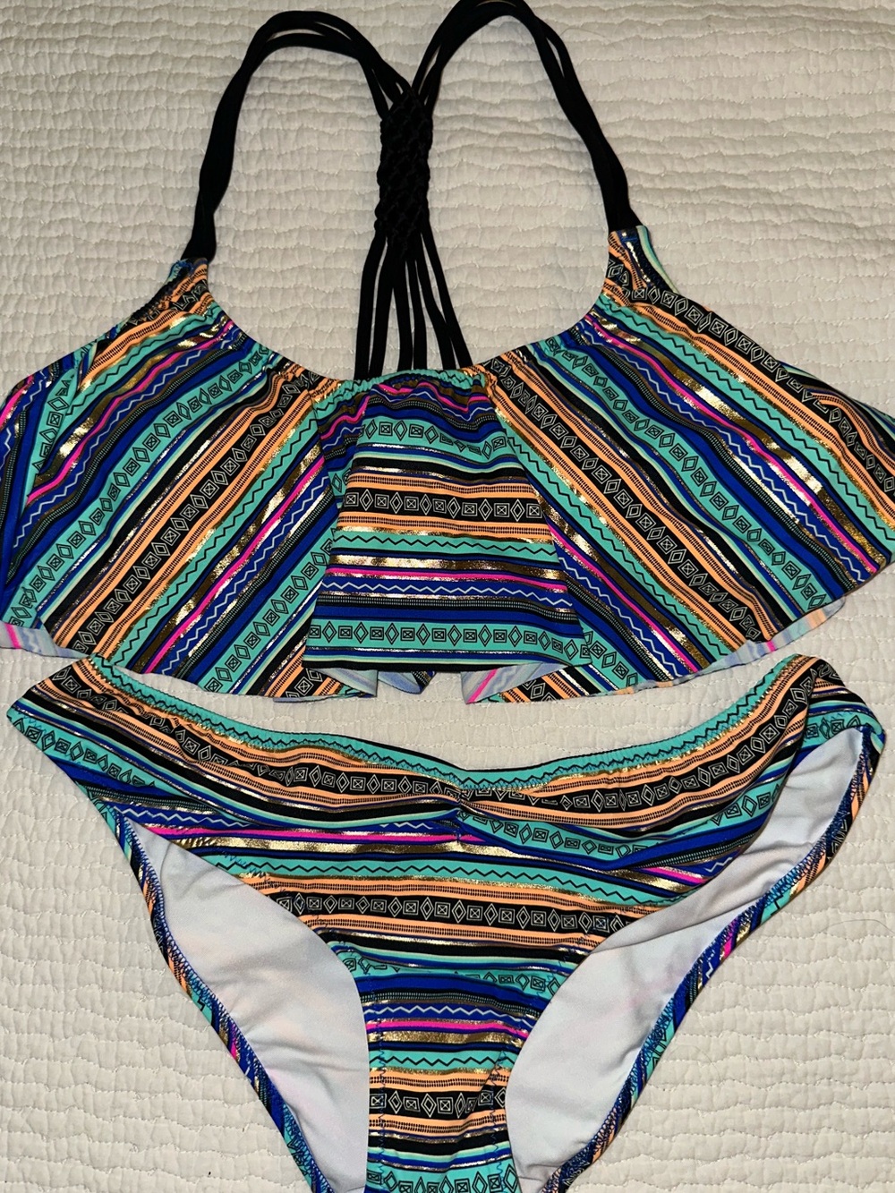 PINK Victoria’s Secret Striped Multi-Color Ruffle Bikini Set